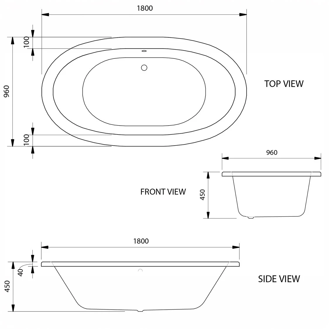 Arena White Built-in Oval Bath – 1800 x 960mm - Image 8