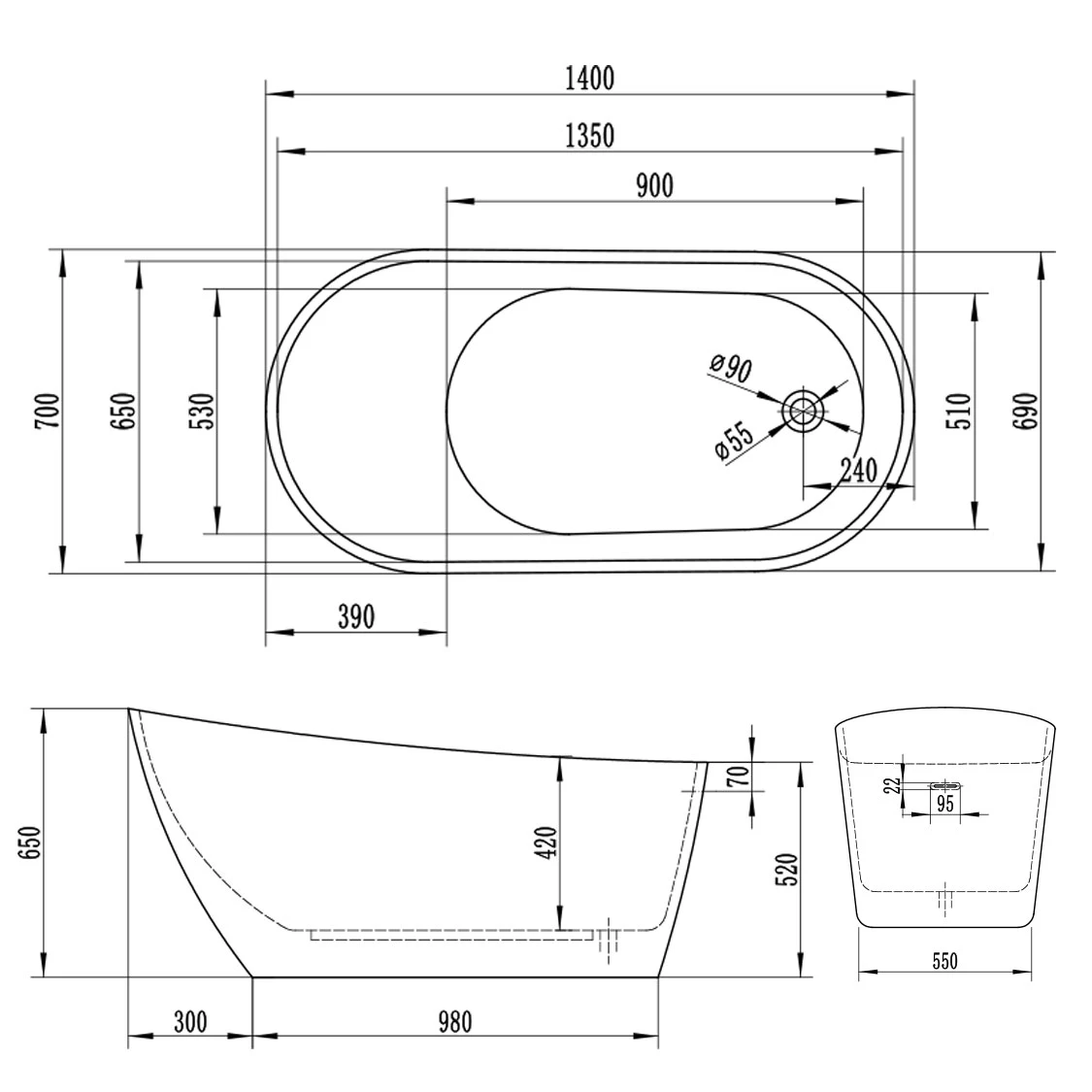 Tulip White Freestanding Bath – 1400 x 700 x 650mm - Image 4