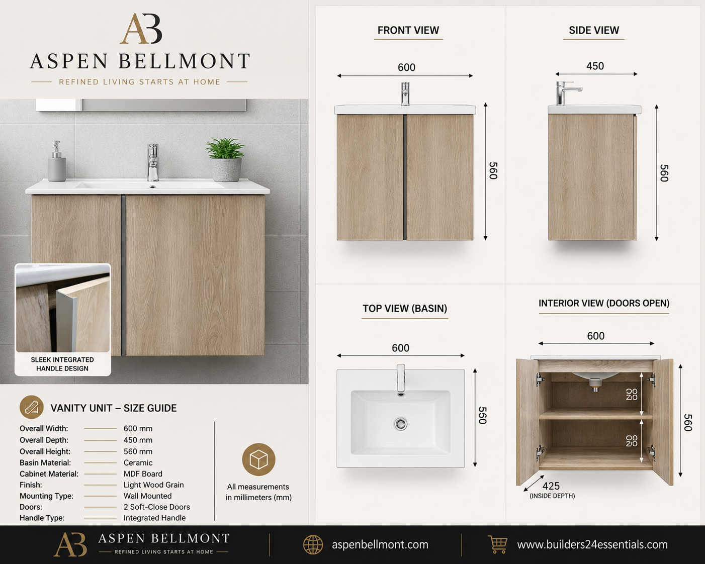 Oak Wall Mounted Cabinet & Basin – 600 x 450 x 590mm - Image 2